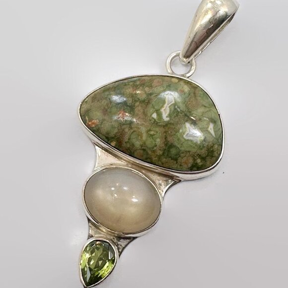 Charles Albert Rainforest Jasper Peridot .950 Sterling Silver Pendant - Picture 4 of 7
